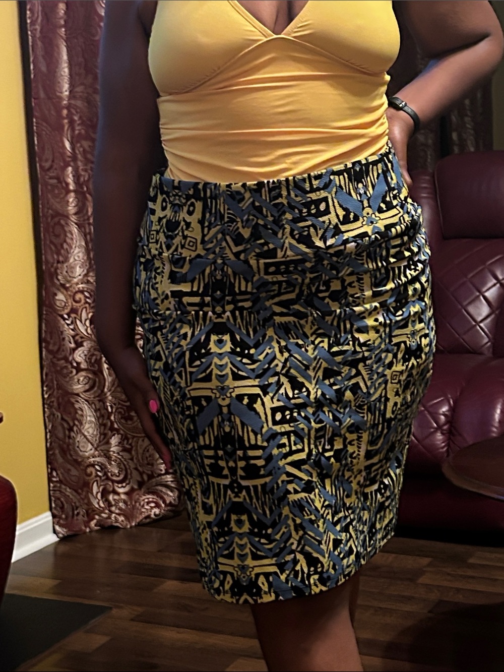 LuLaRoe Yellow and Navy Geometric Pencil Skirt
